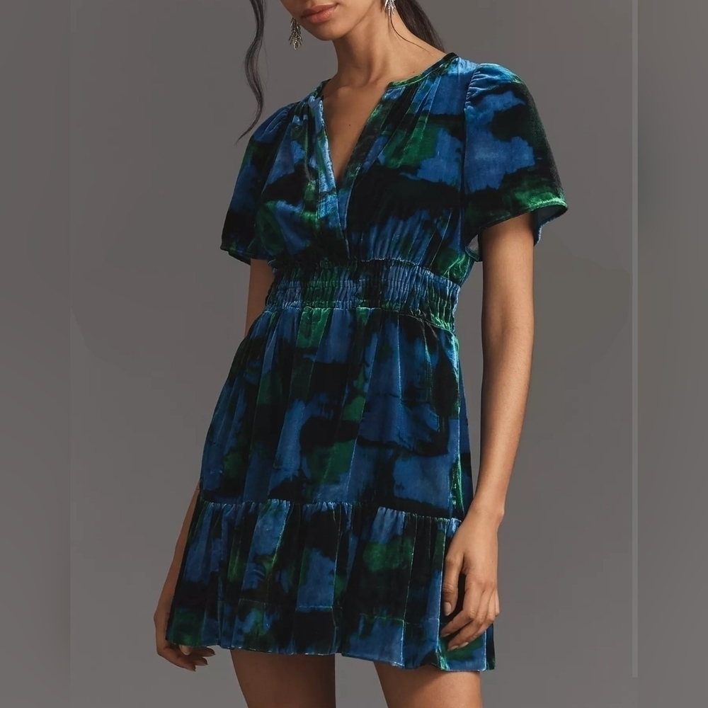 Maeve Women's Somerset Velvet Mini Dress Pockets, Blue & Green, XS